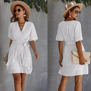 White faux wrap ruffle dress